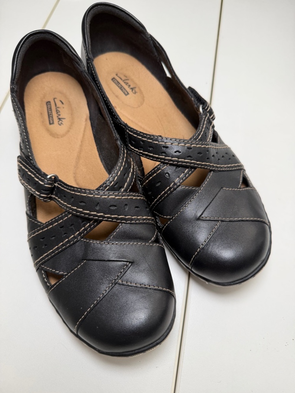 Clarks Black Leather Slip-On Flats with Contrast Stitching